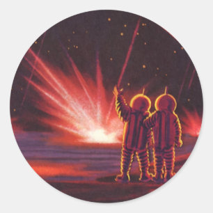 Vintage Science Fiction Alien Red Planet Explosion Classic Round Sticker