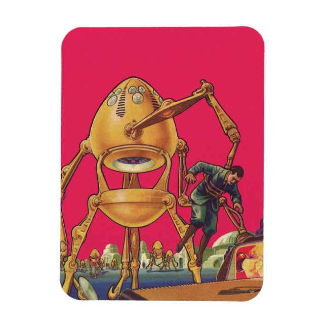 Vintage Science Fiction Alien Robot Captures Man Magnet (Vertical)