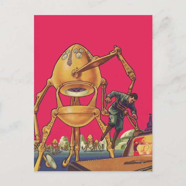 Vintage Science Fiction Alien Robot Captures Man Postcard (Front)