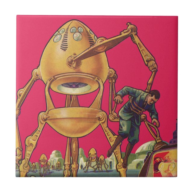 Vintage Science Fiction Alien Robot Captures Man Tile (Front)