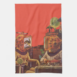 Vintage Science Fiction, Alien Steam Punk Helmets Kitchen Towel
