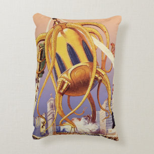 Vintage Science Fiction Alien War Invasion Octopus Accent Pillow