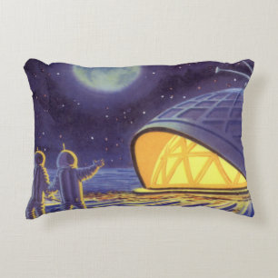 Vintage Science Fiction Aliens on Blue Planet Moon Accent Pillow
