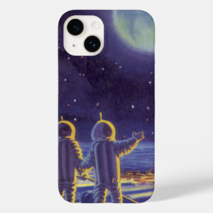 Vintage Science Fiction Aliens on Blue Planet Moon Case-Mate iPhone 14 Case