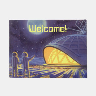 Vintage Science Fiction Aliens on Blue Planet Moon Doormat