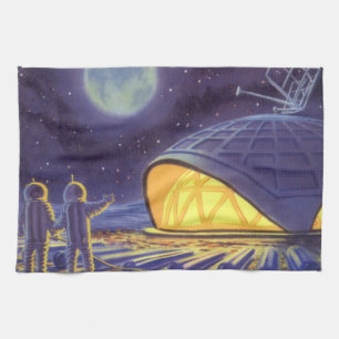Vintage Science Fiction Aliens on Blue Planet Moon Kitchen Towel