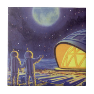 Vintage Science Fiction Aliens on Blue Planet Moon Tile