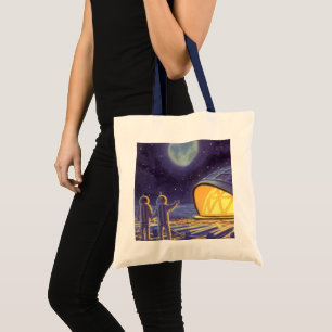 Vintage Science Fiction Aliens on Blue Planet Moon Tote Bag