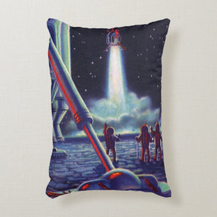 Vintage Science Fiction Aliens Wave to Rocket Accent Pillow