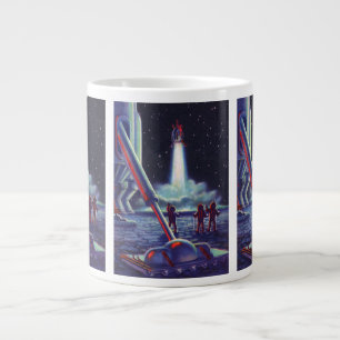 Vintage Science Fiction Aliens Wave to Rocket Large Coffee Mug