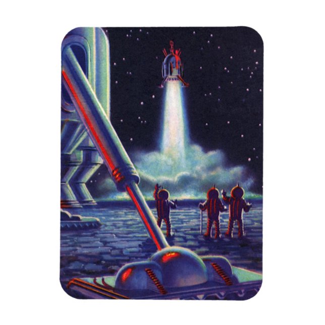 Vintage Science Fiction Aliens Wave to Rocket Magnet (Vertical)