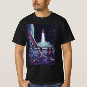Vintage Science Fiction Aliens Wave to Rocket T-Shirt
