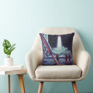 Vintage Science Fiction Aliens Wave to Rocket Throw Pillow