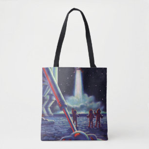 Vintage Science Fiction Aliens Wave to Rocket Tote Bag