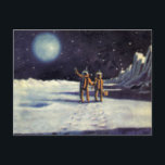 Vintage Science Fiction Astronaut Aliens on Moon Postcard<br><div class="desc">Vintage illustration futuristic astronauts and aliens in outer space science fiction image. Two alien astronauts are making footprints on the moon and looking up at planet earth in the night sky with stars. A classic 50s retro sci fi comic book design.</div>