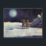 Vintage Science Fiction Astronaut Aliens on Moon Postcard<br><div class="desc">Vintage illustration futuristic astronauts and aliens in outer space science fiction image. Two alien astronauts are making footprints on the moon and looking up at planet earth in the night sky with stars. A classic 50s retro sci fi comic book design.</div>