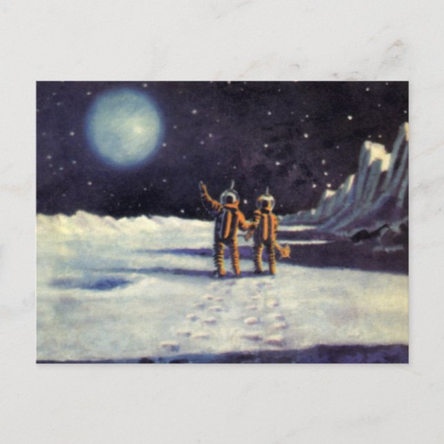 Vintage Science Fiction Astronaut Aliens on Moon Postcard (Front)