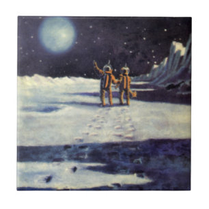 Vintage Science Fiction Astronaut Aliens on Moon Tile