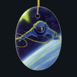 Vintage Science Fiction Astronaut on a Space Walk Ceramic Ornament<br><div class="desc">Vintage illustration futuristic science fiction planets in outer space image. A classic comic book design featuring a retro sci fi astronaut on a spacewalk and floating in outer space over the earth with a bright moon or sun behind him in the night sky with stars.</div>