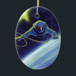 Vintage Science Fiction Astronaut on a Space Walk Ceramic Ornament<br><div class="desc">Vintage illustration futuristic science fiction planets in outer space image. A classic comic book design featuring a retro sci fi astronaut on a spacewalk and floating in outer space over the earth with a bright moon or sun behind him in the night sky with stars.</div>