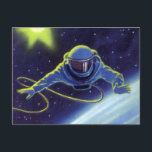 Vintage Science Fiction Astronaut on a Space Walk Postcard<br><div class="desc">Vintage illustration futuristic science fiction planets in outer space image. A classic comic book design featuring a retro sci fi astronaut on a spacewalk and floating in outer space over the earth with a bright moon or sun behind him in the night sky with stars.</div>
