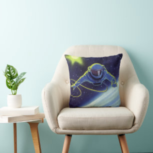 Vintage Science Fiction Astronaut on a Space Walk Throw Pillow