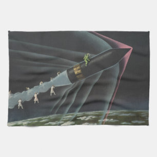 Vintage Science Fiction Astronaut Riding a Rocket Kitchen Towel