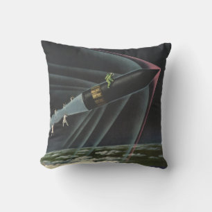Vintage Science Fiction Astronaut Riding a Rocket Throw Pillow