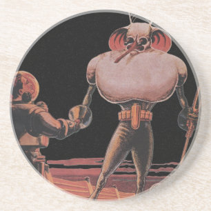 Vintage Science Fiction Astronaut Shake Hand Alien Coaster