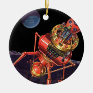 Vintage Science Fiction Astronaut with Alien Robot Ceramic Ornament