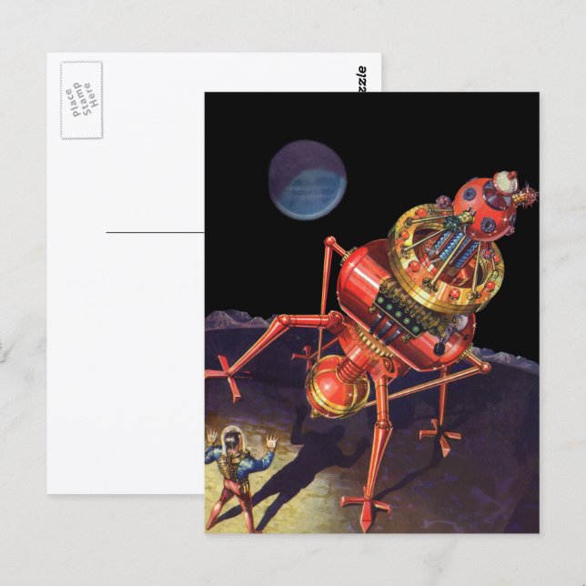 Vintage Science Fiction Astronaut with Alien Robot Postcard (Front/Back)