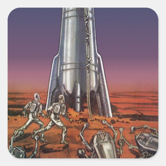 Vintage Science Fiction, Astronauts Beetle Aliens Square Sticker (Front)