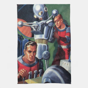 Vintage Science Fiction Astronauts Fixing a Robot Kitchen Towel