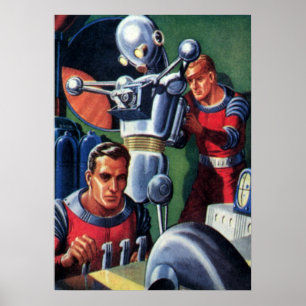 Vintage Science Fiction Astronauts Fixing a Robot Poster