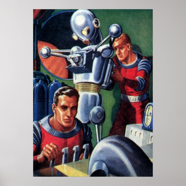 Vintage Science Fiction Astronauts Fixing a Robot Poster (Front)