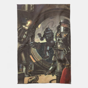 Vintage Science Fiction Astronauts on a Space Walk Kitchen Towel
