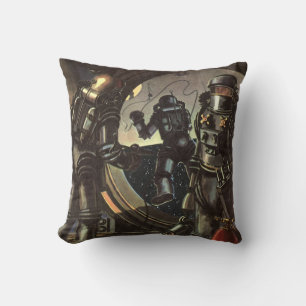 Vintage Science Fiction Astronauts on a Space Walk Throw Pillow