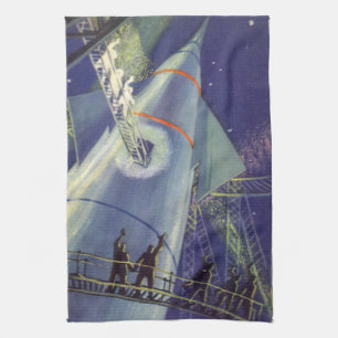 Vintage Science Fiction Astronauts on Rocket Ship Kitchen Towel