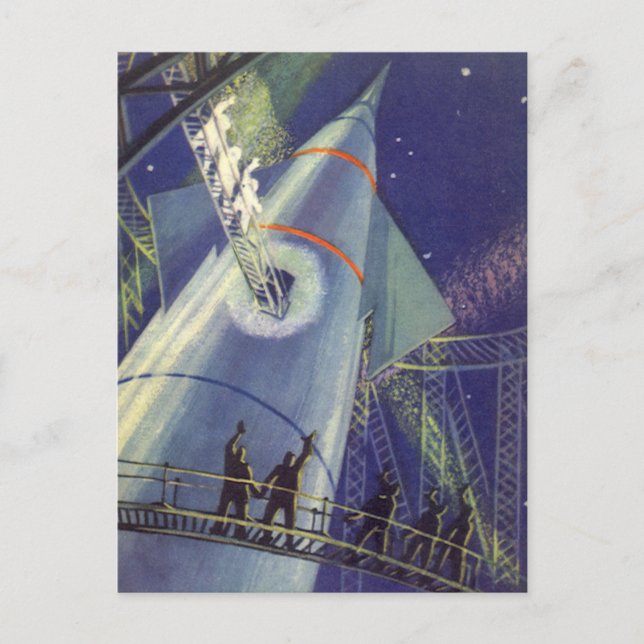 Vintage Science Fiction Astronauts on Rocket Ship Postcard (Front)