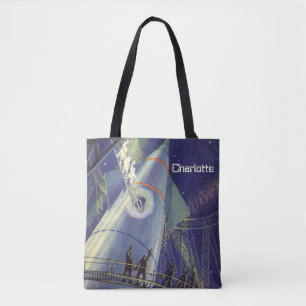 Vintage Science Fiction Astronauts on Rocket Ship Tote Bag