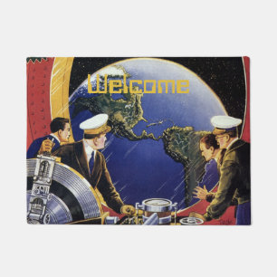 Vintage Science Fiction Astronauts Orbiting Earth Doormat