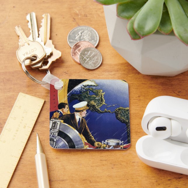 Vintage Science Fiction Astronauts Orbiting Earth Keychain (Desk)