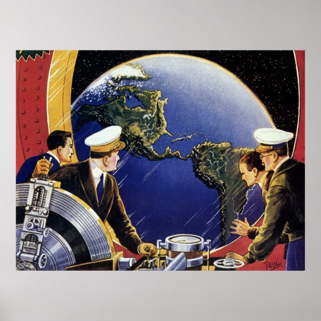Vintage Science Fiction Astronauts Orbiting Earth Poster (Front)