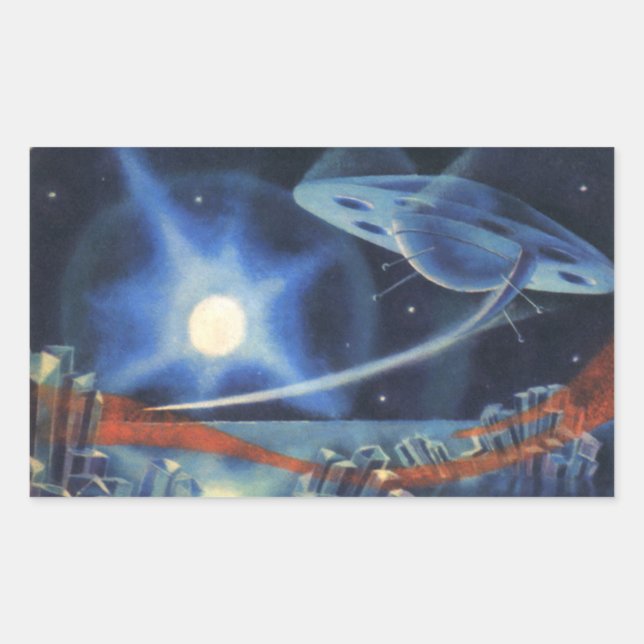 Vintage Science Fiction Blue Spaceship Over Planet Sticker (Front)