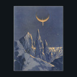 Vintage Science Fiction, Crescent Moon Snow Planet Postcard<br><div class="desc">Vintage illustration futuristic Science Fiction planets and outer space image. A 50s retro sci fi comic book design with a foreign planet covered with ice and snow at night with a crescent moon over the mountains in winter.</div>