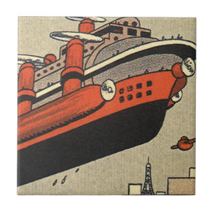 Vintage Science Fiction Cruise Ship Helicopter Tile