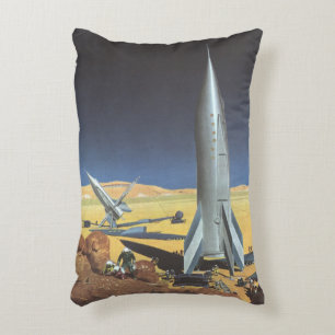 Vintage Science Fiction Desert Planet with Rockets Accent Pillow
