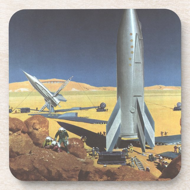 Vintage Science Fiction Desert Planet with Rockets Coaster (Front)