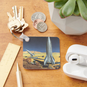 Vintage Science Fiction Desert Planet with Rockets Keychain