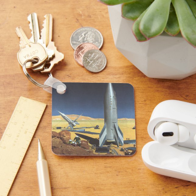 Vintage Science Fiction Desert Planet with Rockets Keychain (Desk)